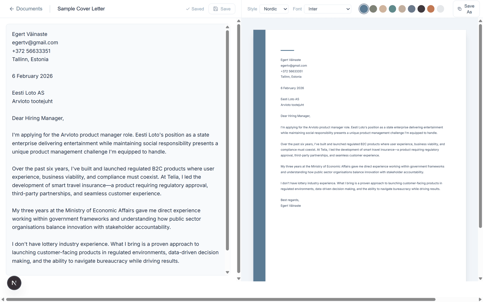 Cover letter editor