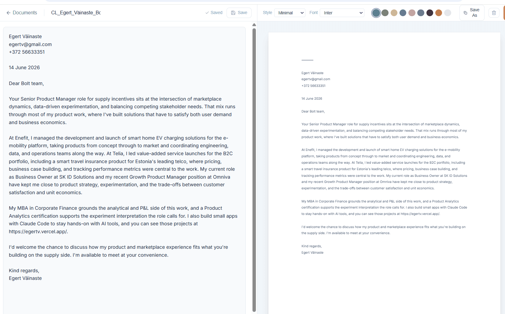 Cover letter editor